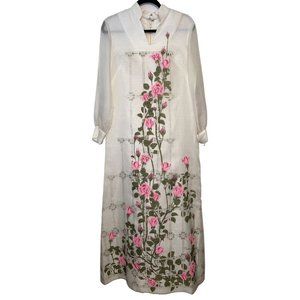 Vintage Alfred Shaheen Maxi Dress with Sheer Sleeve and Roses